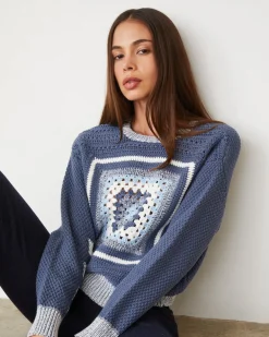 MONROW Crochet Pullover Sweater WASHEDBLUE Store